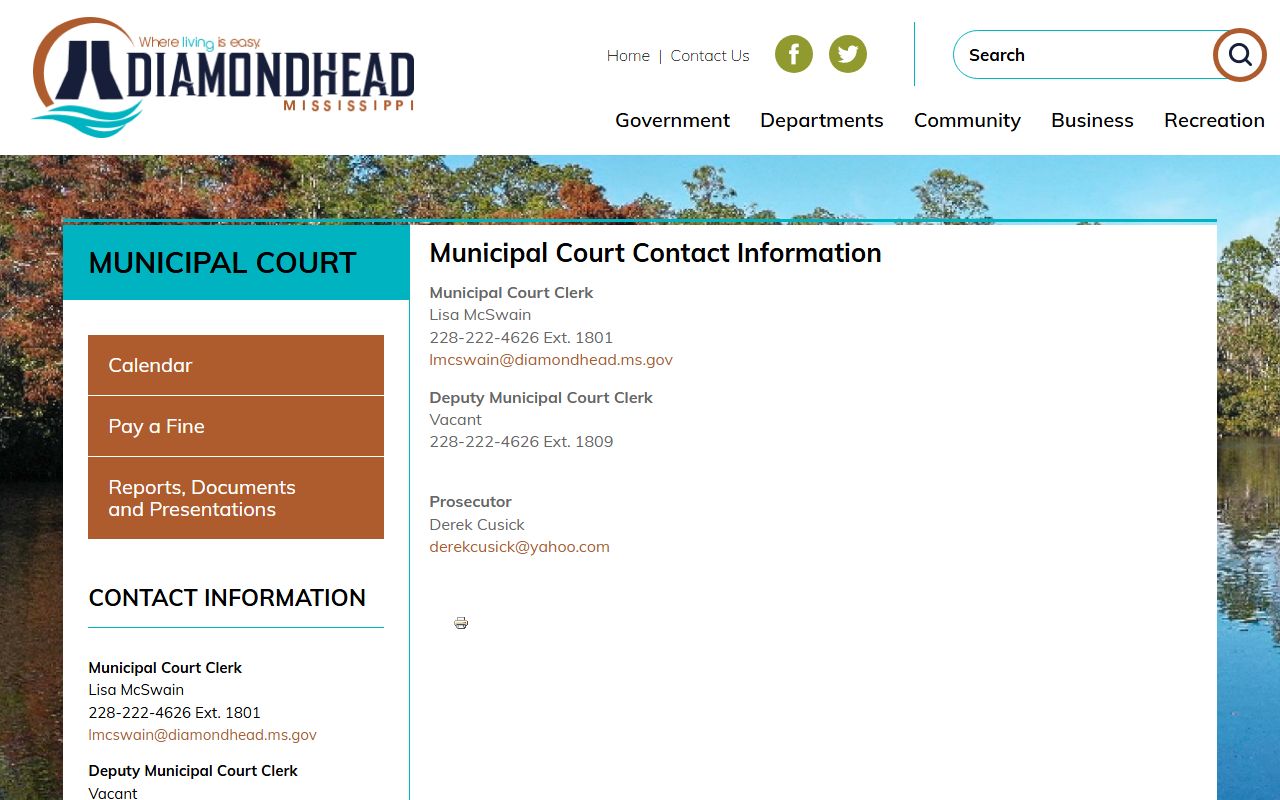 Diamondhead Municipal Court contact page for a Hancock County warrant check