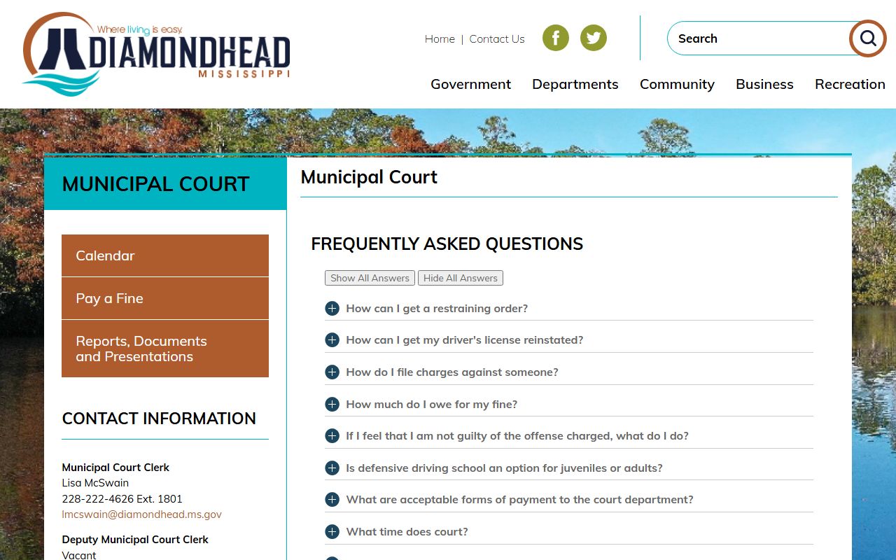 Hancock County traffic court records on the Diamondhead Municipal Court official page