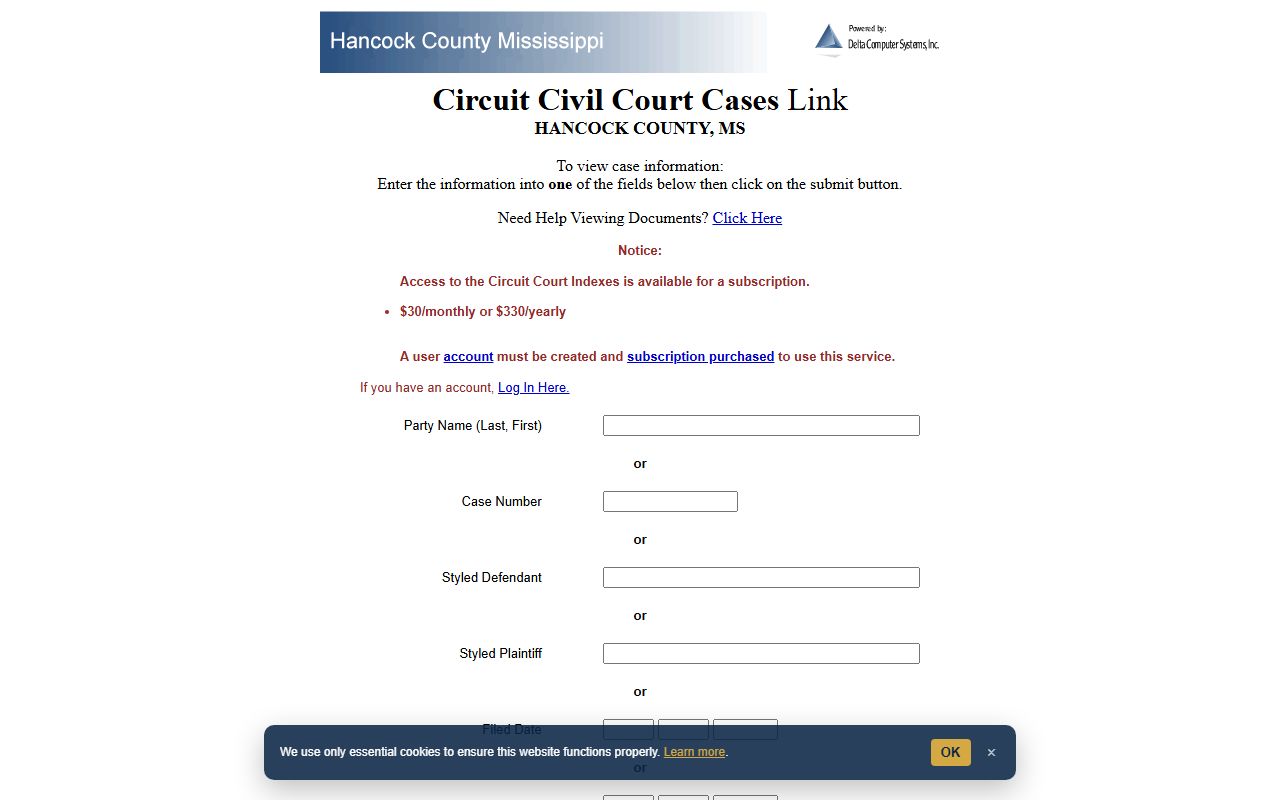 Hancock County court records circuit civil case search form on Delta Computer Systems