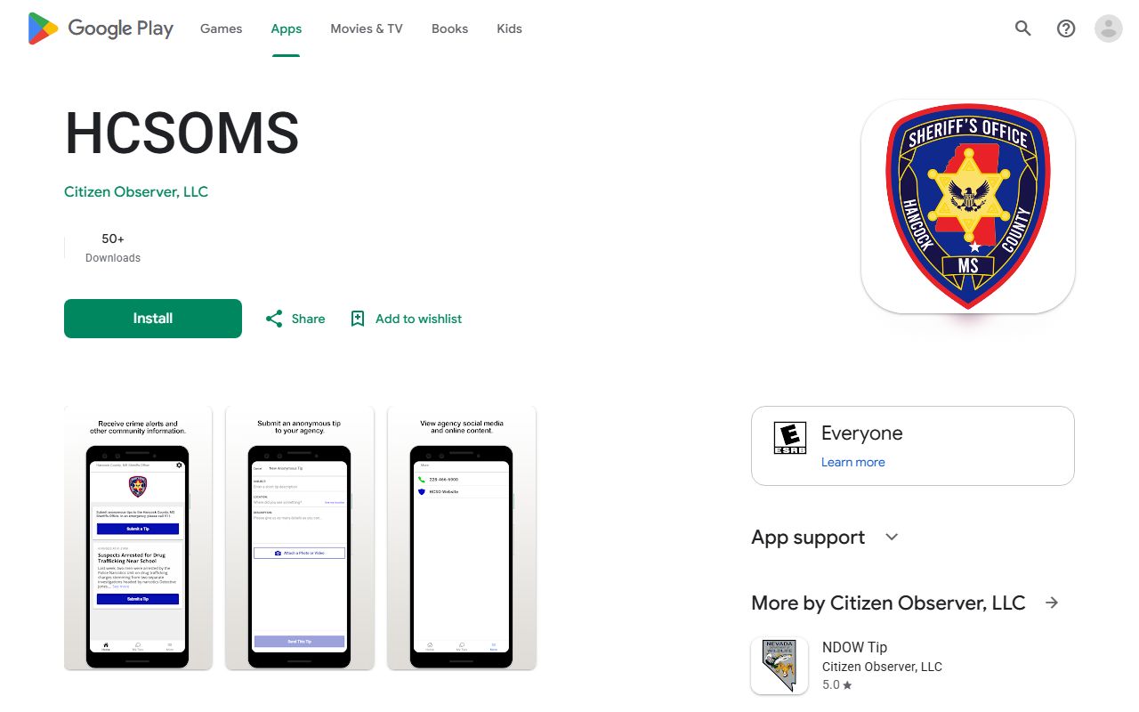 Google Play listing for the Hancock County HCSOMS sheriff tip app, not an inmate lookup