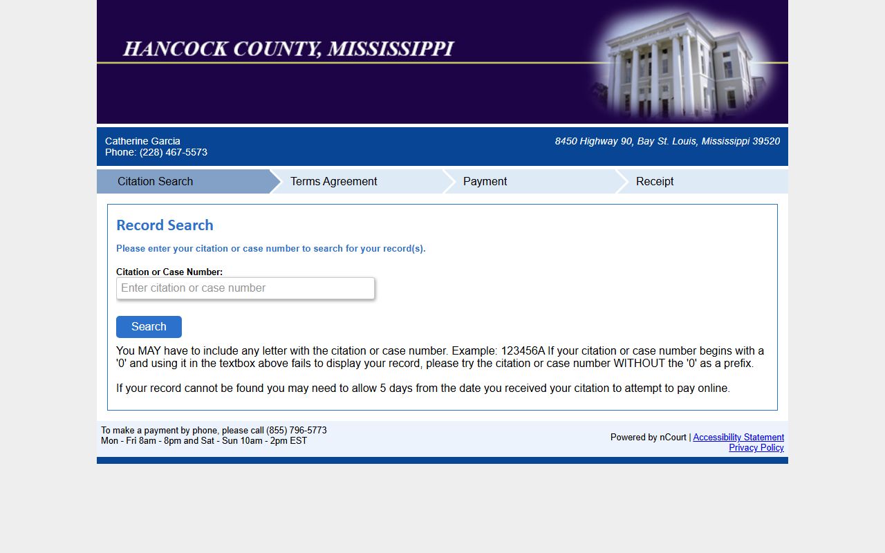 Hancock County traffic court records citation search on the Justice Court nCourt portal