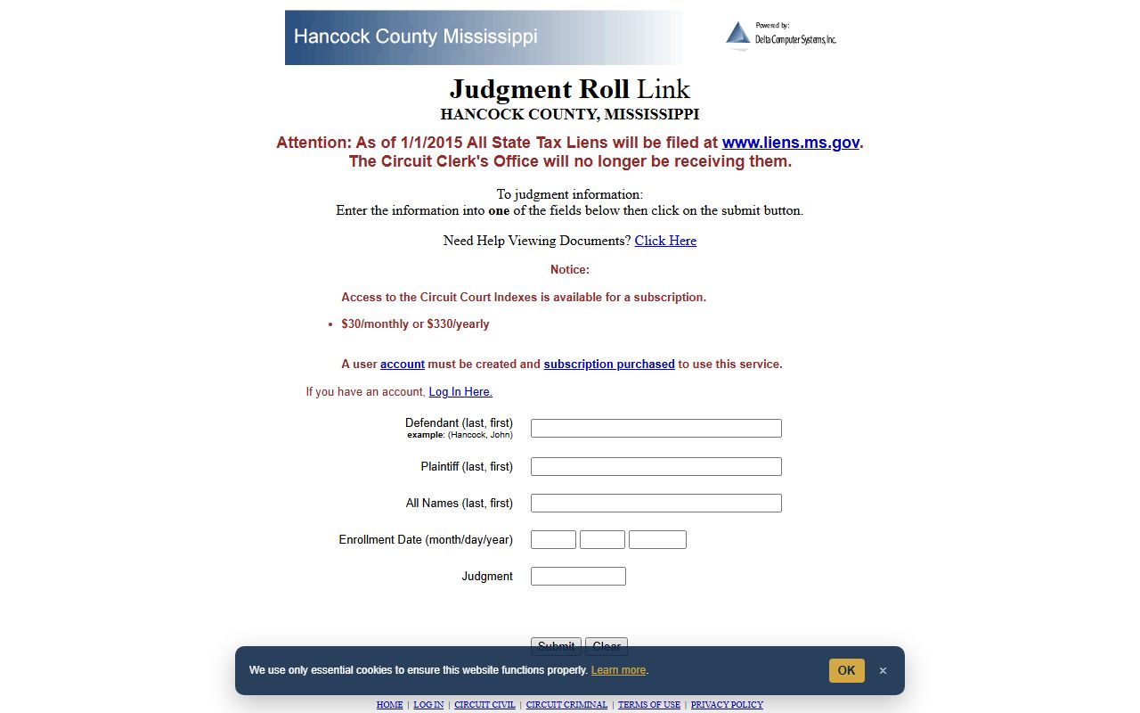 Hancock County court records judgment roll search form on Delta Computer Systems