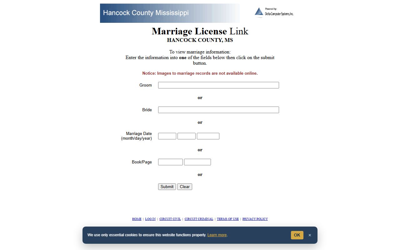 Hancock County marriage license index search form