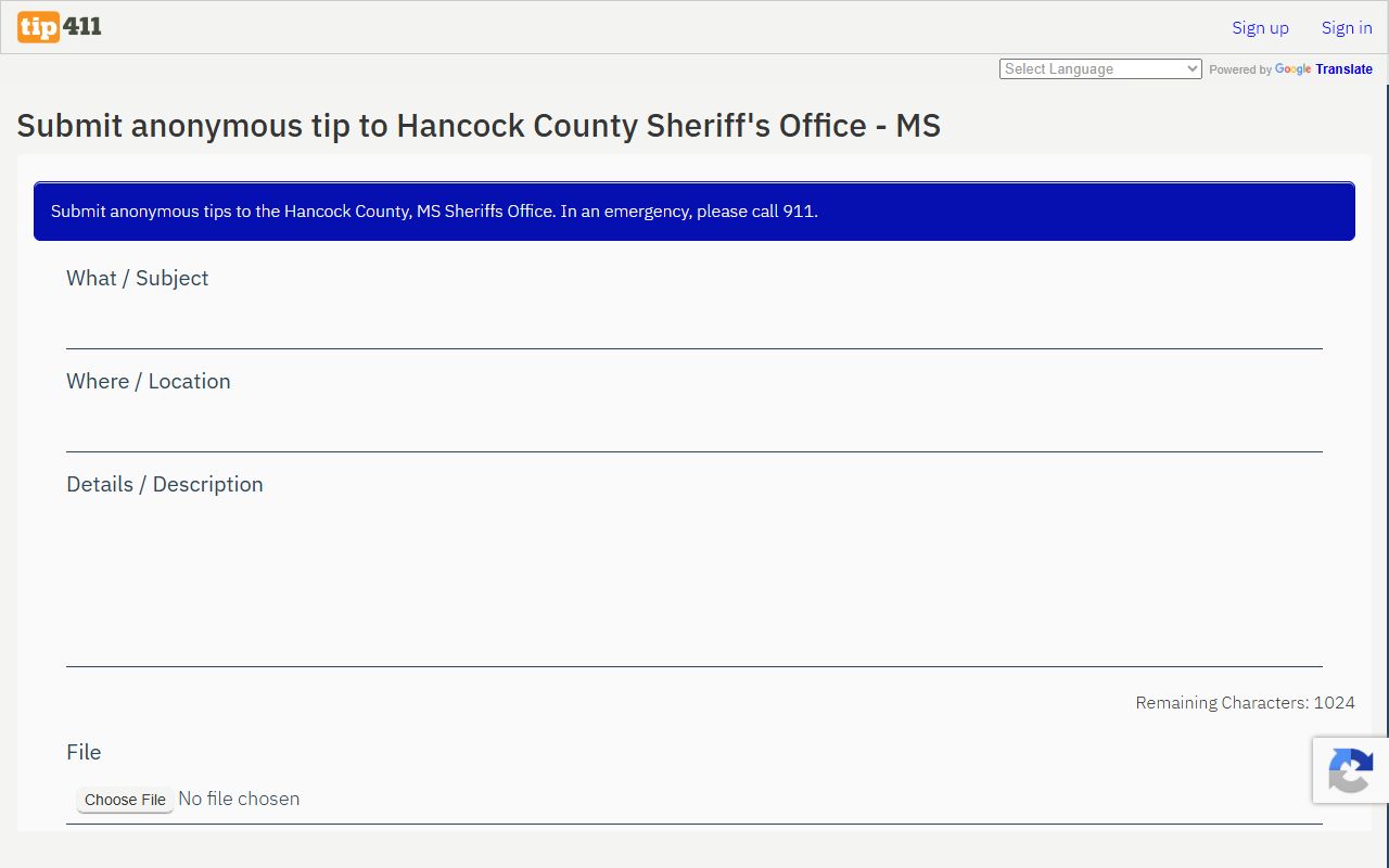 Hancock County sheriff anonymous tip portal, not a Hancock County warrant search tool