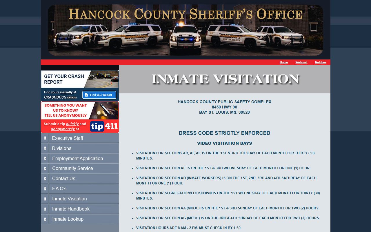 Hancock County jail visitation page with video visit schedule by section