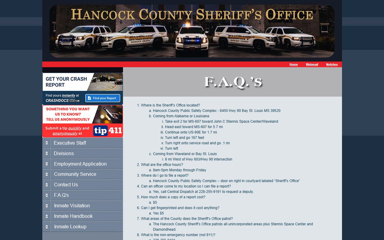 Hancock County sheriff FAQ page with office and jail contact details