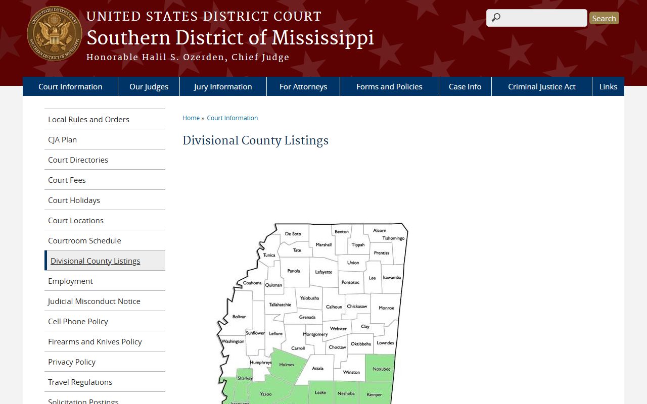 Hancock County federal court records and Southern District of Mississippi divisional county listing