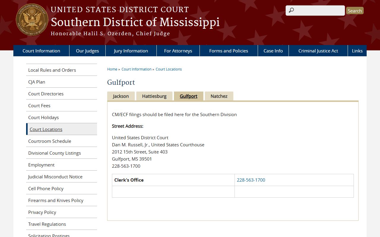 Gulfport federal courthouse page for Hancock County federal court records
