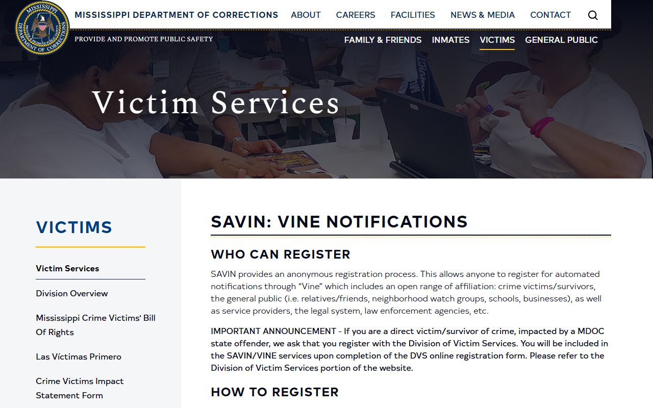 Mississippi MDOC SAVIN VINE notification page for Hancock County inmate alerts