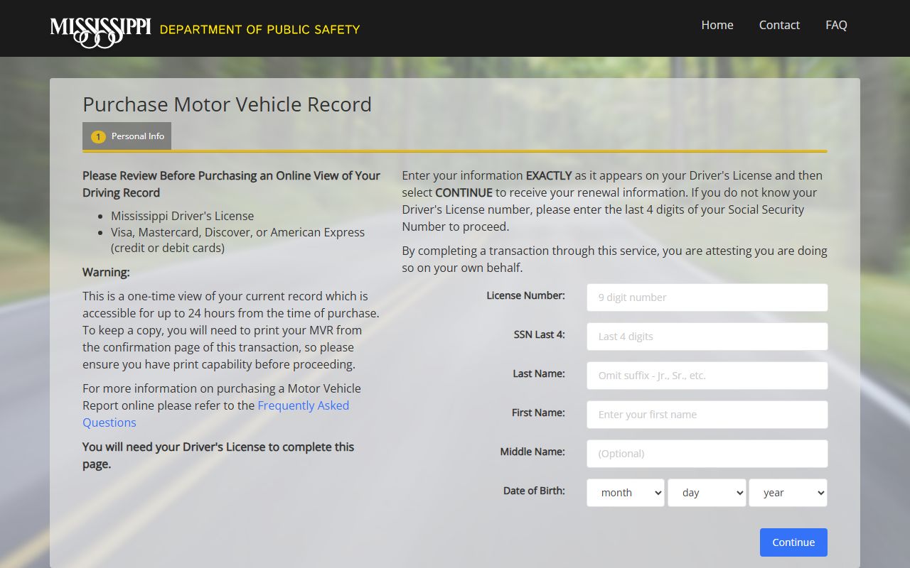 Hancock County traffic court records and the Mississippi DPS online Motor Vehicle Record page