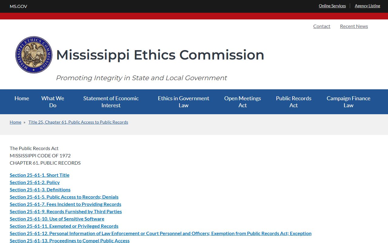 Hancock County court records governed by the Mississippi Ethics Commission Public Records Act page
