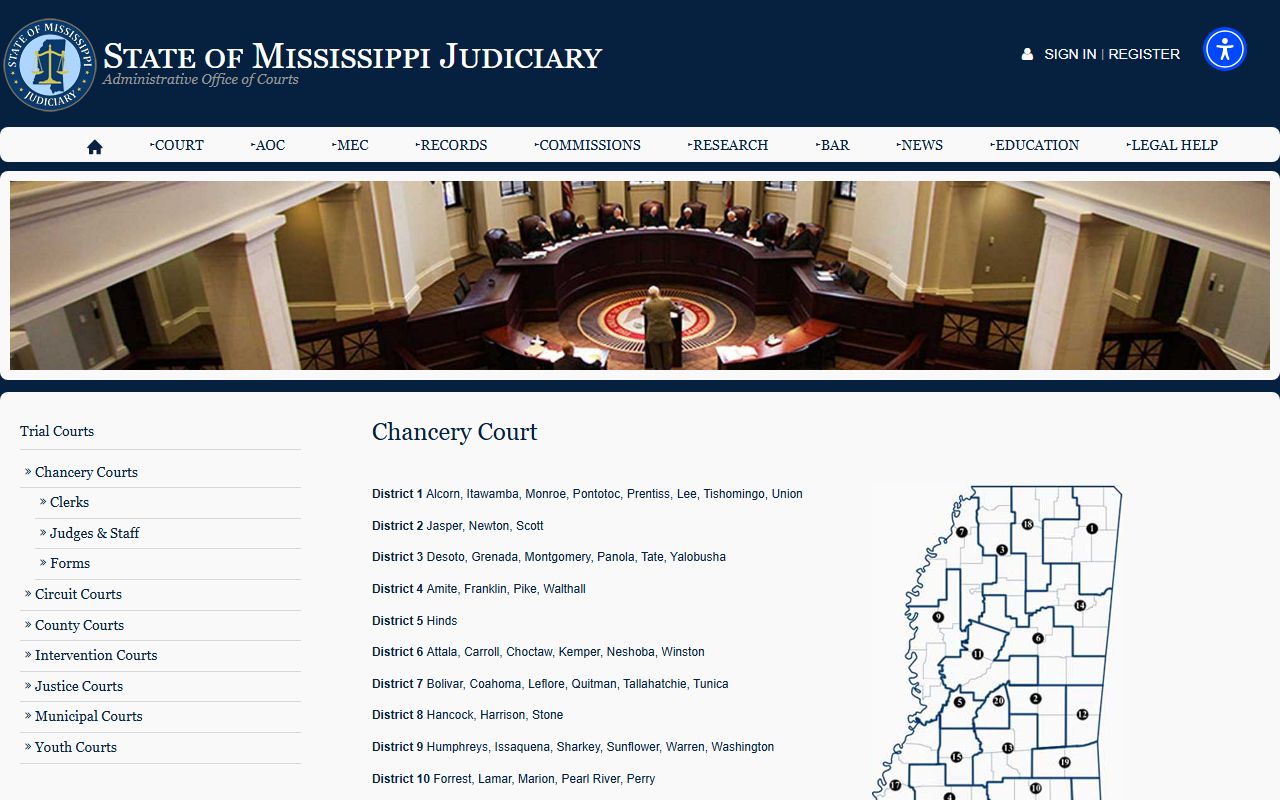 Mississippi Chancery Court page describing Hancock County divorce jurisdiction