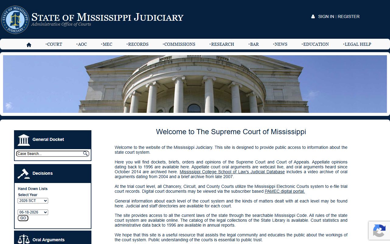 Mississippi Judiciary homepage with court records rules for Hancock County