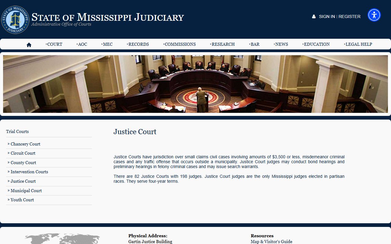 Mississippi Judiciary Justice Court page used for Hancock County criminal court records
