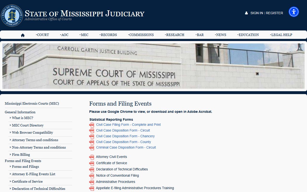 Mississippi Judiciary MEC civil forms used for Hancock County court dockets