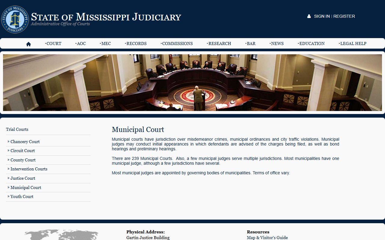 Mississippi Judiciary municipal court page relevant to Hancock County arrest records and charges