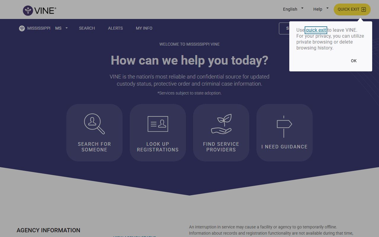 Mississippi VINE custody-status portal used with Hancock County arrest records and charges