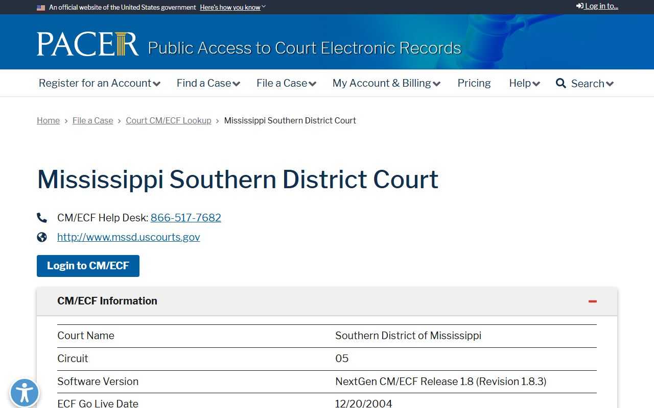 PACER CM/ECF lookup for Southern District of Mississippi Hancock County court dockets