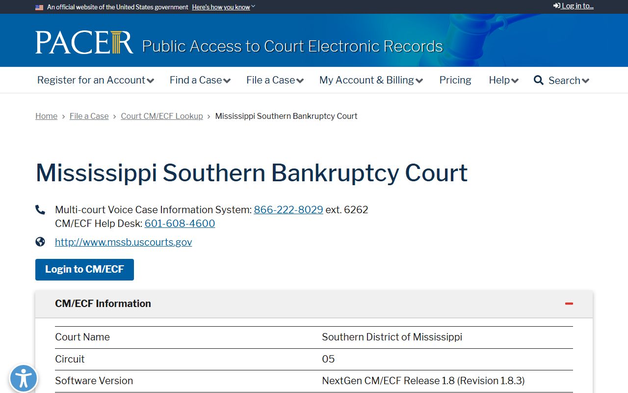PACER bankruptcy court lookup for Hancock County court dockets in Mississippi