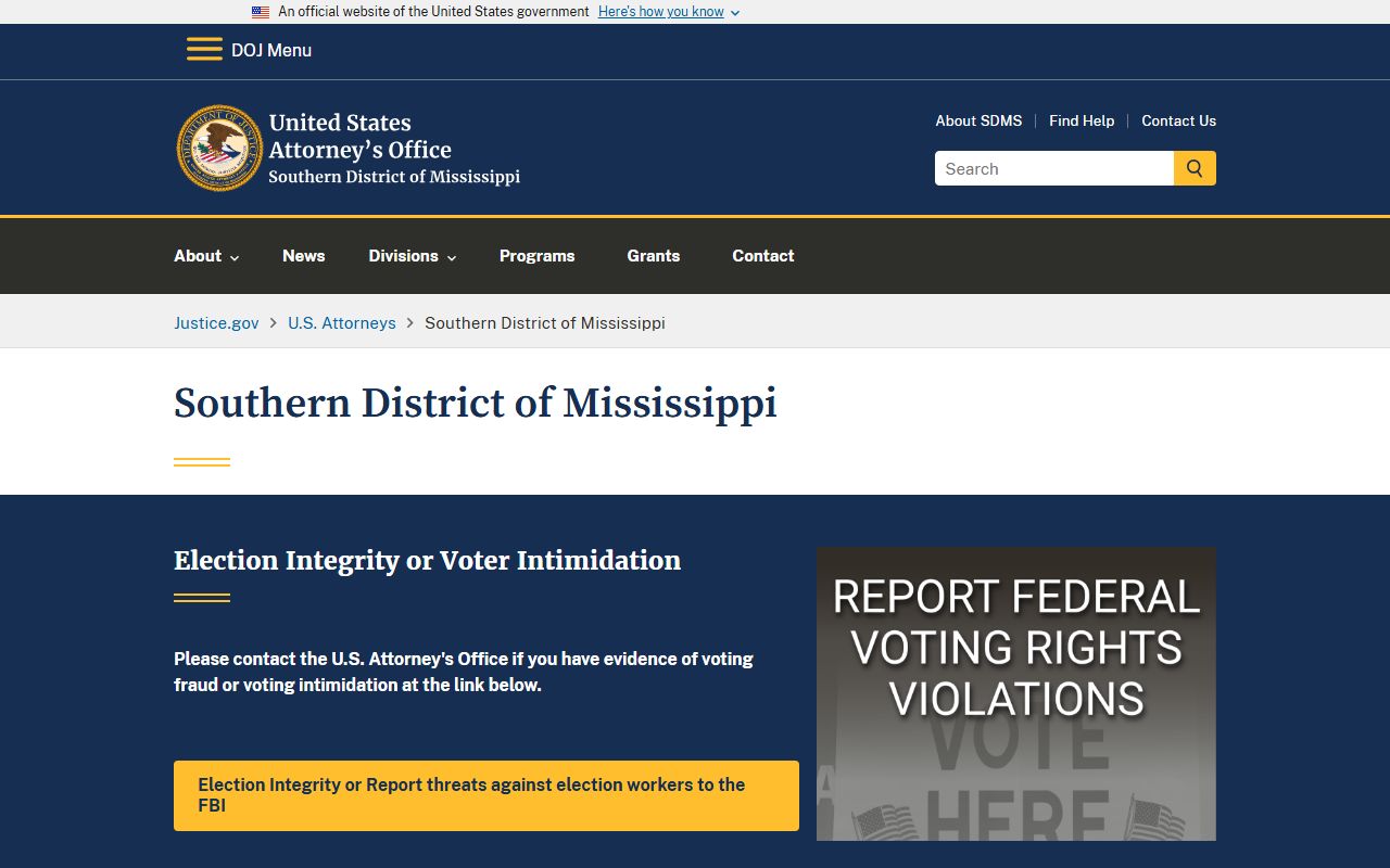 U.S. Attorney's Office page relevant to Hancock County criminal court records at the federal level